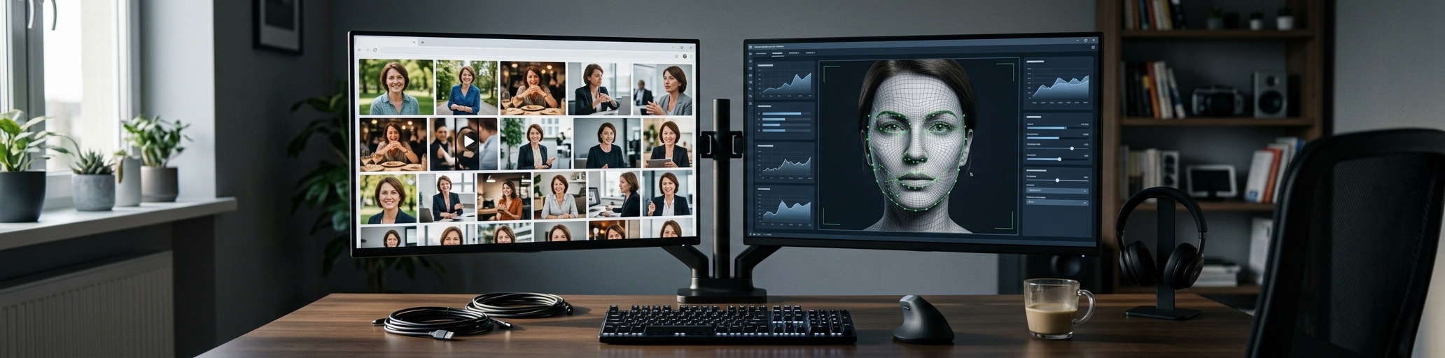 Dual-monitor setup showing scraped social media photos on the left and a 3D facial wireframe mesh on the right, illustrating AI deepfake data training.